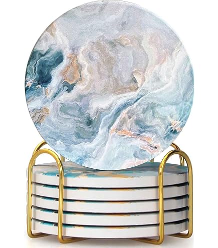 6 Stück Blaue Marmor-Untersetzer Mit Halter – Saugfähige Keramik, Korkrückseite, Durchmesser 10,2 Cm