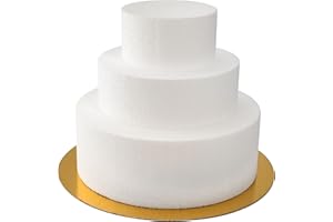 MCE-Commerce Lot de 3 gâteaux en polystyrène, 3 étages, Ø 10/15/20 cm, Hauteur 15 cm, Fond à gâteau doré | 'anniversaire | Cadeau | tartes factices, Blanc, Ø 20 cm