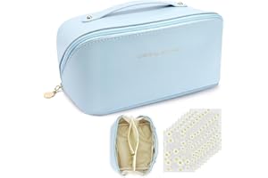 YOKILLY Makeup Organiser Make Up Bag: PU Leather Travel Makeup Bag - Large Cosmetic Bags for Women Girls - Blue Makeup Bags with Compartments