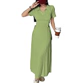 Shasmi Women’s Solid Color Applique Lace-Up Collared Short Sleeve, Side-Tie Waist Long Casual Maxi Women Dress Outfit Long Ev