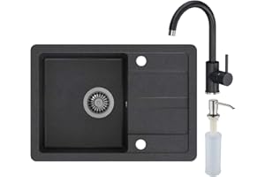 VBChome Spülbecken mit Armatur Schwarz 62 x 44 cm Granit Einzelbecken Einbauspüle Abtroffläche gesprenkelt reversibel Verbundspüle Küchenarmatur + Siphon + Spülmittelspender