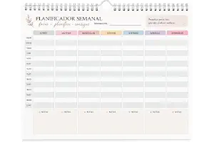 Planificador Semanal de Pared A4 - Calendario de Sobremesa y Pared para 6 Meses (26 Hojas), Organizador Horario de 08:00 a 21:00 con Espiral y Colgador, Papel 100g (En Español)