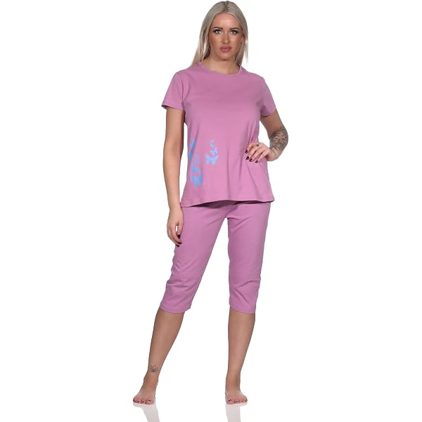 Normann Damen Capri Pyjama Set - Kurzarm & Shorts In Übergröße 60/62, Rosa Mit Fahrrad-Motiv, 100% Baumwolle