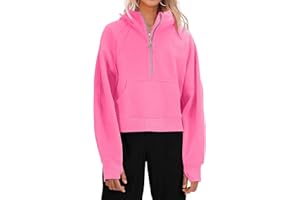 Ebifin Womens Hooded Scuba Half Zip Pullover Sweatshirt Fleece Lined Athletic Hoodies Cropped Hoody Long Sleeve Tops.