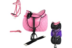 ‎MARENGOS Marengos - Holzpferd Sattel Set | Sattel für Holzpferd mit Sattelgurt, Schabracke, Trense, Steigbügel & -Riemen | Sattel aus Kunstleder | Sattel-Typ Advanced in pink | Größe 12"