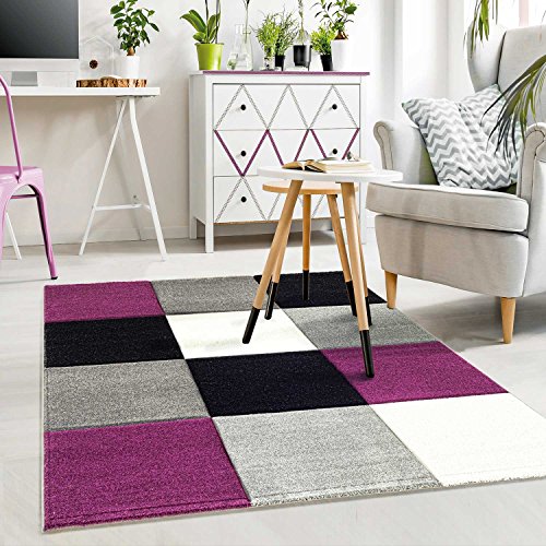Moderner Designer Teppich Kariert Hoch Tief Strukturen Lila Grau Weiß Schwarz - VIMODA, Maße:60 cm x 110 cm