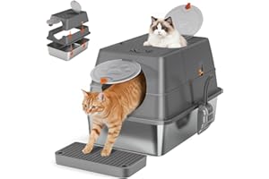 Citylife Stainless Steel Cat Litter box with Lid, Large Enclosed Metal Cat Litter Tray with Scoop & Steps, 120°Flip-top, Easy Clean, Non-Sticky, Non-Odor, Dark Grey
