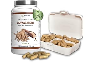 BIOTARY Ashwagandha Extrait 240 gélules, 10% withanolides, y compris pilulier, 1500mg portion journalière, 4 mois d'approvisionnement, végétalien, purement végétal sans additifs, ginseng indien