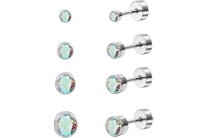 ESHIONER G23 Titanio Pendientes para Hombre Mujer Chica Plata Negro Ópalo Perla Pendientes Cubic Zirconia Pendientes Planos Pendientes de Titanio para Oídos Sensibles Pendientes Hipoalergénicos