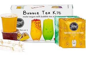 THE *TEASHED Vegan Milk Bubble Tea Kit Gift Set | 6 Servings | Set includes Mango and Melon powders, Passion Fruit and Raspberry Popping Boba and Paper Straws | By The TeaShed