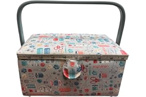 JYC CREATIVE Large Wooden Sewing Box, Fabric Lined Sewing Box with 8 Compartments, Organizer with Pin, Storage Box with Handle and Tray, (P12, Medium)