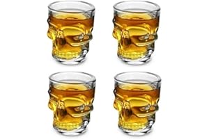 offershop Set 4 Bicchieri Bicchierini Bicchiere in Vetro con Teschio Cranio Quattro Pezzi per Whisky Vodka Liquore Rum Cocktail Grappa Birra Vino Bevande Analcoliche Chupitos Shot Cicchetto