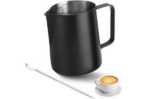 VMUTGA Jarra Leche Barista, 350ml Lechera Acero Inoxidable Jarra de Espuma de Leche Negro Jarra Cafe con Marca de Medición y Bolígrafo Latte Art Accesorios Cafe para Capuchino Espresso Latte