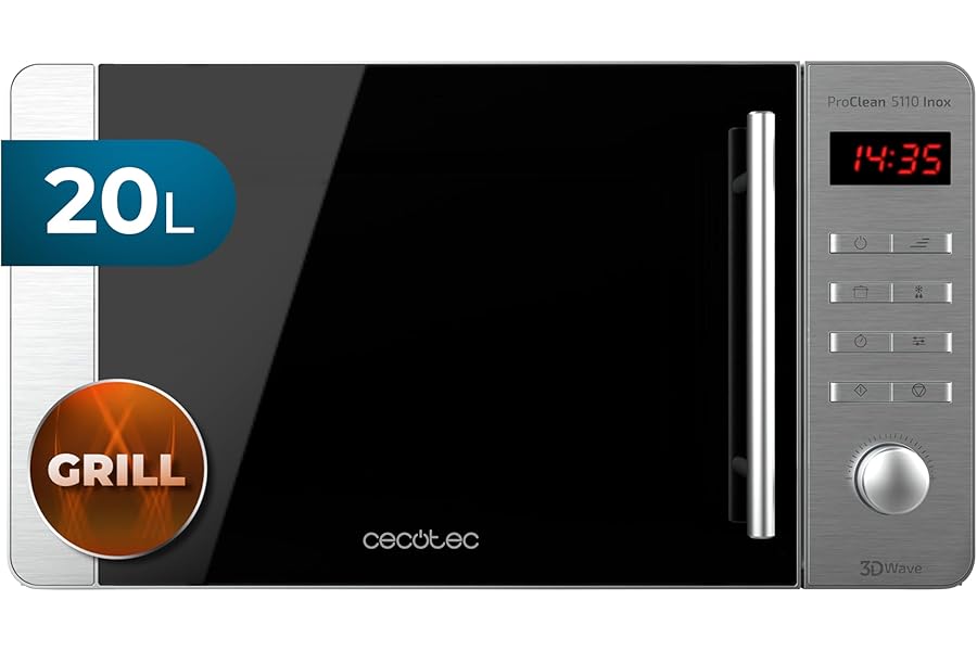 Cecotec ProClean 5110 Inox 20 L Microwave Grill with Ready2Clean Coating 700W Power Grill 800W 5 Operating Levels 8 Programmes Timer 60 min LED Display