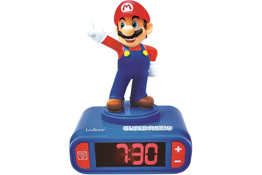 LEXIBOOK, Super Mario, Mario Nightlight alarm clock, Sounds and Melodies, LCD Backlit screen, Luminous, Snooze, Blue, RL800NI