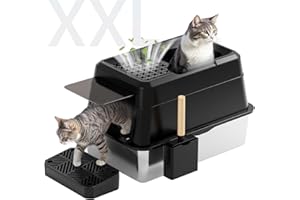 FRETONBA Stainless Steel XXL Cat Litter Tray, 26L Large Capacity Box, High Sided Tray, Odor Control and Easy Cleaning, Cat Litter Tray with Hood, Pedal, Litter Scoop, Black