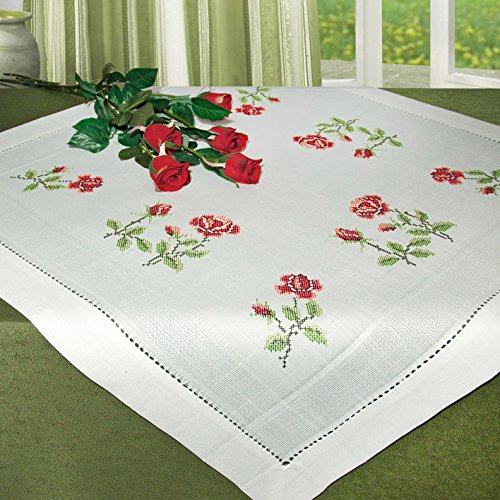 Zauberhafte Stickpackung " ROSEGARDEN " mit bezaubernden rosafarbenen Rosen - Stickdecke 85 cm x 85 cm mit aufwendiger Hohlsaumkante - Kreuzstich vorgezeichnet - Stickgarn aus 100 % Baumwolle - qualitativ hochwertig - zum Sofort-Loslegen - Mitteldecke 85 x 85 - zum Selbersticken - aus dem KAMACA-SHOP
