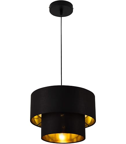 EGLO Pendelleuchte Pineta – Moderne Hängeleuchte Aus Stahl, Stoff & Holz, Schwarz-Gold, Ø 33 Cm