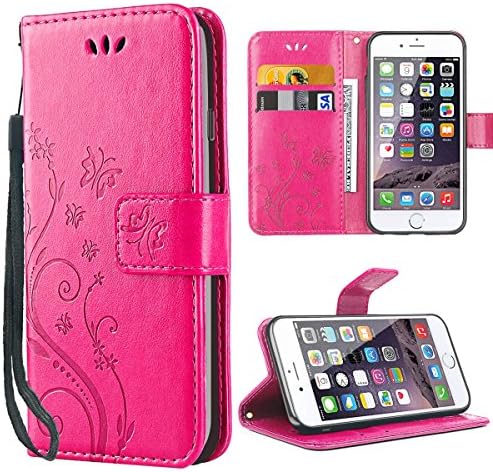iDoer iPhone 6 Leather Butterfly Pattern Folio Flip Wallet Cover and PU Case with Stand Lanyard Card Holders Slots Magnetic Closure Protective Case for Apple iPhone 6 6S - Rose