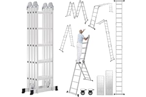 Cecaylie Escalera multiusos de aluminio de 582 cm con 2 plataformas y 2 ruedas, 20 peldaños, capacidad de carga máxima de 150 kg