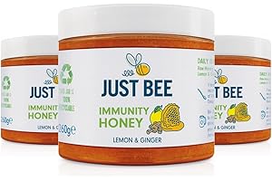 Just Bee Lemon & Ginger Immunity Honey (3 x 260g) | Pure natural honey with Vitamin D, C, B6, B12 and Echinacea | Raw and Unpasteurised | Vitamin Rich | For Daily Immune Support
