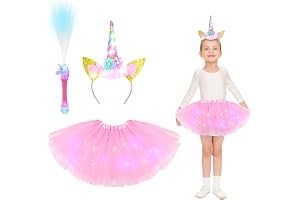 ACWOO Unicorn Costume, LED Light Up Unicorn Dress Princess Fancy Dress Up med Unicorn Pannband och fiberoptisk trollstav, Gir