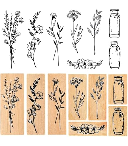 Molain Lot De 8 Tampons Caoutchouc Fleurs & Plantes – Bois Monté, Idéal Scrapbooking, DIY & Cartes
