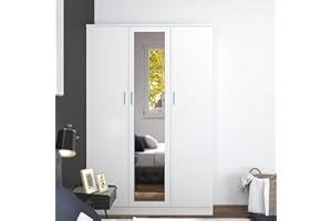 PANANA 3 Doors Mirrored Wardrobe for Bedroom Bedroom Furniture Robe with 6 Storage Compartments, Hanging Rail, 115.4 x 50 x 180 cm (White)
