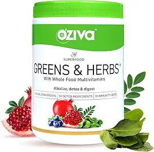 OZiva Superfood Greens & Herbs (Supergreens powder with Chlorella, Spirulina & 34 Detox Ingredients) 250g