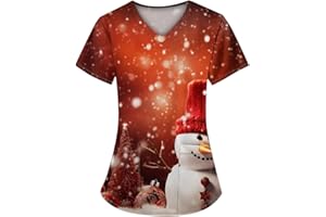 WDCHAOYUE Nursing Uniforms Beauty Tunic Dog Grooming Cat Grooming Cute Printed V Neck Spa Nail Salons Women's Christmas Scrubs Beauty Salon Wrap Mock Christmas Work Tops Care Uniform Healthcare Tunics