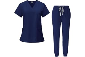 Chesoon Scrubs för kvinnor män V-ringad topp och joggingbyxor elastiskt midjeband med 3 toppfickor och 3 byxfickor anti-rynkor skrubb set