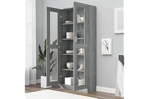 Homgoday Vitrina de Cristal, Vitrina de Salón Aparador,Aparador Cocina, Oficina Archivador, con 5 Estantes 2 Puertas de Vidrio 82,5x30,5x185,5 cm Gris Sonoma