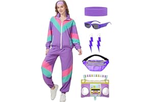 Coseaon 80er 90er Jahre Outfit Damen Trainingsanzug Jacke Hose Anzug 80er Retro Kleidung Accessoire 80s Kostüm Halloween Karneval Party (Lila, M)