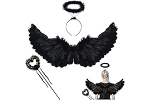 ASSUGO Teufel kostüm Damen engelsflügel schwarz , engelskostüm Damen Karneval deko mit heiligenschein schwarz , faschingskostüm Damen Engel kostüm für Halloween Party Fasching flügel Erwachsene
