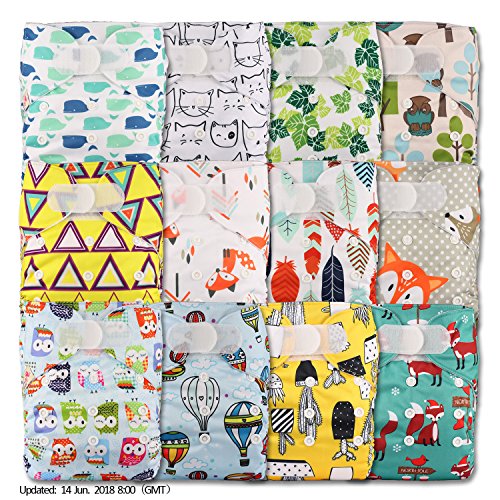 LittleBloom, reutilizable bolsillo pañal de tela, cierre: Velcro, Set de 12, varios patrones diseños 1203 Talla:12 pañales, 1 inserto de bambú cada uno