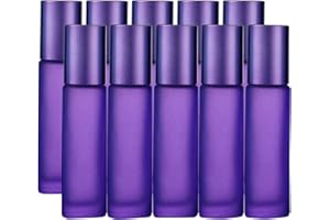 10 botellas de rodillos de aceites esenciales de 10 ml, de JamHooDirect, vacías, rellenables, de vidrio esmerilado, con 1 abridor y 1 cuentagotas, fragancia, perfume (color morado).