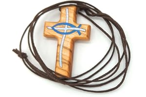 OVUNQUE PROTEGGIMI Kreuzanhänger aus Holz. Kreuzkette aus Olivenholz. Kreuz für Kinder. Geschenk.Taufe.Erstkommunion. Mit dem christlichen Symbol des Fisches. Mit Gebetbuch für Kinder.