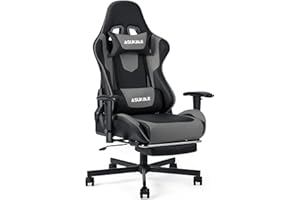 Asukale Gaming Stuhl mit Fußstütze, Ergonomischer Gaming Sessel, Gamer Racing Stuhl, Gaming Chair mit Liegefunktion, Verstellbare Armlehne, Kopfstütze, Lendenkissen, bis 150kg belastbar, Schwarz-Grau