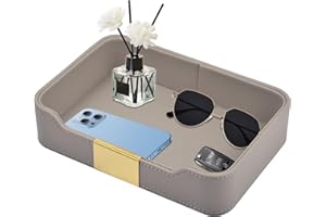 XNONE Luxury Leather Desktop Storage,Premium PU Leather Valet Tray Organizer,Entryway Table Decorative Tray,Nightstand Caddy Holder for Remote Controller,Keys,Phone,Wallet,Watch,Jewelry (Grey)