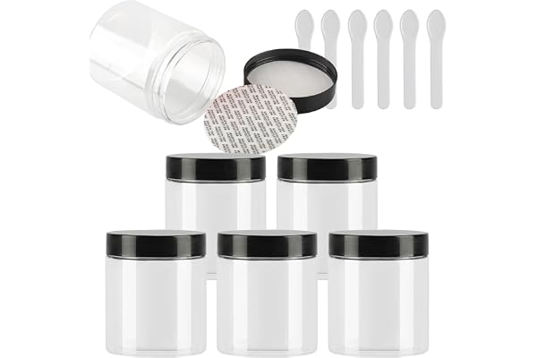 TIANZD 6 Pièces Vides Petit 250 ml Transparent Cosmétique Pot en Plastique avec Couvercle Noir 250 g Pots de Cosmétique Crème de Bouteille Contenant avec 6x Spatules
