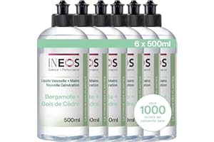 INEOS Liquide Vaisselle et Mains, 2 en 1, Nettoyage Imbattable, Efficace Contre La Graisse Et Le Calcaire, Doux Pour Les Mains, Parfum Bergamote et Bois De Cedre, Pack de 6 X 500ML
