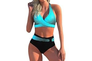 Zueauns Bikini Damen Bauchweg Große Brüste Badeanzug High Waist Push Up Bikinis für Damen V Ausschnitt überkreuztes Blumenmuster Bademode Bauchkontrolle Bikini Zweiteilige Bademode Swimsuit