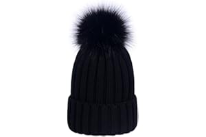 LAUSONS Women's Warm Ribbed Knit Winter Bobble Hat Faux Fur Pom Pom Beanie