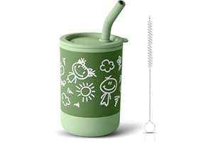 Vicloon Silikonowy kubek z dzióbkiem, silikonowy kubek do picia dla niemowląt z pokrywką, ze słomką, szczelny, nadaje się do mycia w zmywarce, dla małych dzieci w wieku 1-3 lat, zielony