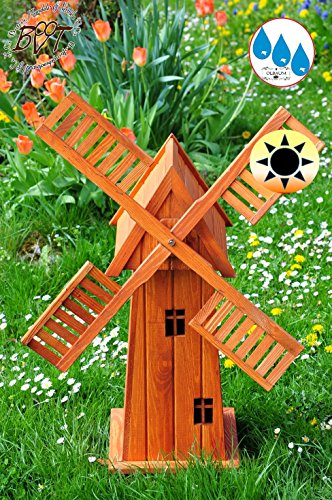 XXL Windmühlen, Garten-Windmühle 100 cm, HOLZ einstöckig Designer-KLASSIK MIT BALKON-Rand Fenster, ECK100-he-MS, voll funktionstüchtig,schöne Details, Fensterkreuz Deko-Windmühlen Outdoor, Windfahne / Windrad komplett mit Solar, Solarbeleuchtung DOPPEL-SOLAR LICHT 1 m groß hellbraun braun Flügel - Leisten brauner Korpus unten, für Innen- und Außenbereich, Balkon, Garten und Terrasse, wunderschöne Gartenzierde
