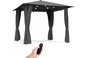 The Fellie Metal Gazebo with Solar LED Lights and Remote Control, 3M x 3M Large Garden Gazebo with Side Curtain, Heavy Duty Outdoor Gazebos for Patio, Backyard, Dimmable, Timing Function, Dark Grey
