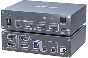CAMGEET USB C KVM Switch 2 Monitors 2 Computers 4K@60Hz, Dual Monitor HDMI KVM Switch Docking Station for Laptop & Desktop Share two monitor and 4 USB3.0 Ports, 80W PD Charging, with Wired Remote,USB C Cable