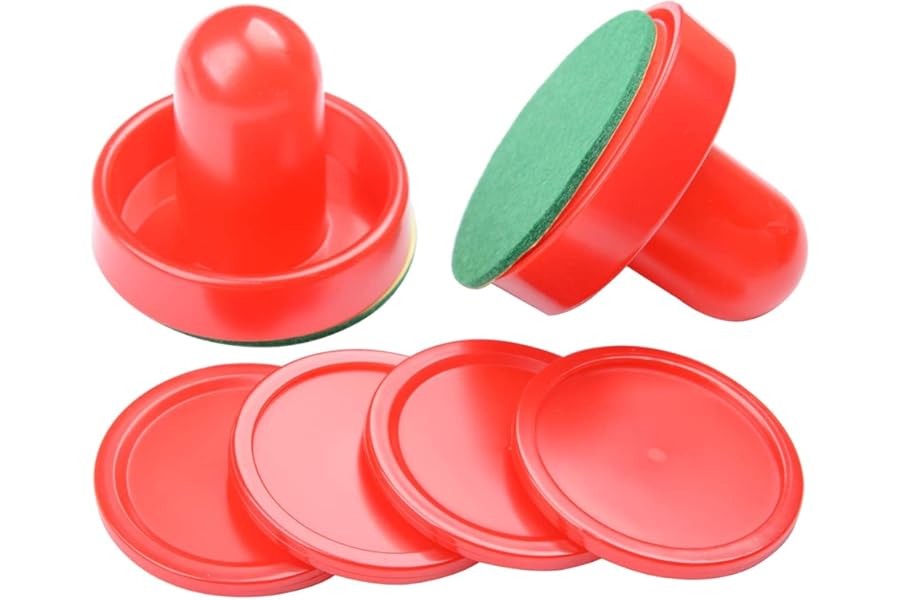 Air Hockey Pushers, 2 Pcs 60mm Air Hockey Table Felt Pusher with 4Pcs Red Pucks for Replacement Pucks Table Mallet Goalies for Game Table