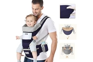YIKANWEN Marsupio Neonato 0-36 mesi [Scopri di Più Sull'utilizzo] Marsupio Bambini Inferiore a 25kg con Sedile Multiposizione, Poggia Testa e Cappuccio, Puro Cotone Traspirante e Leggero, Blu Scuro