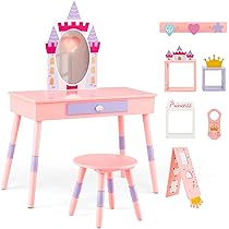 Toeletta Trucco Bambina COSTWAY 2 In 1 - Con Specchio, Cassetto E Sgabello, Legno Bianco 50x34x93cm - Foto 10